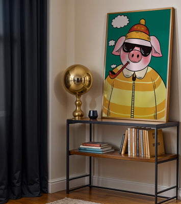 Stylish pig with sunglasses and pipe against a teal sky