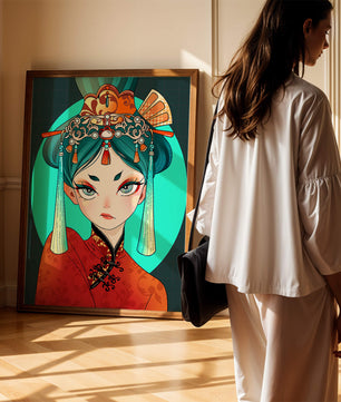 Elegant illustration of a woman in traditional attire with intricate headpiece