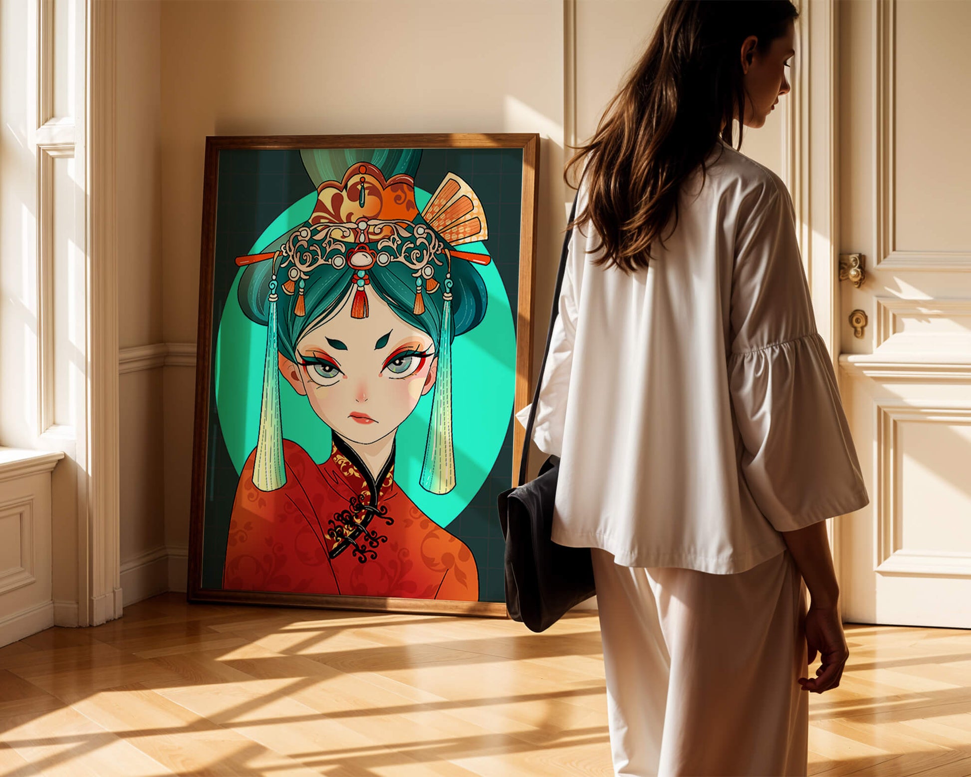 Elegant illustration of a woman in traditional attire with intricate headpiece