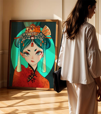 Elegant illustration of a woman in traditional attire with intricate headpiece