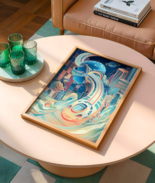 Futuristische Illustration mit VR-Thema und technologischen Elementen