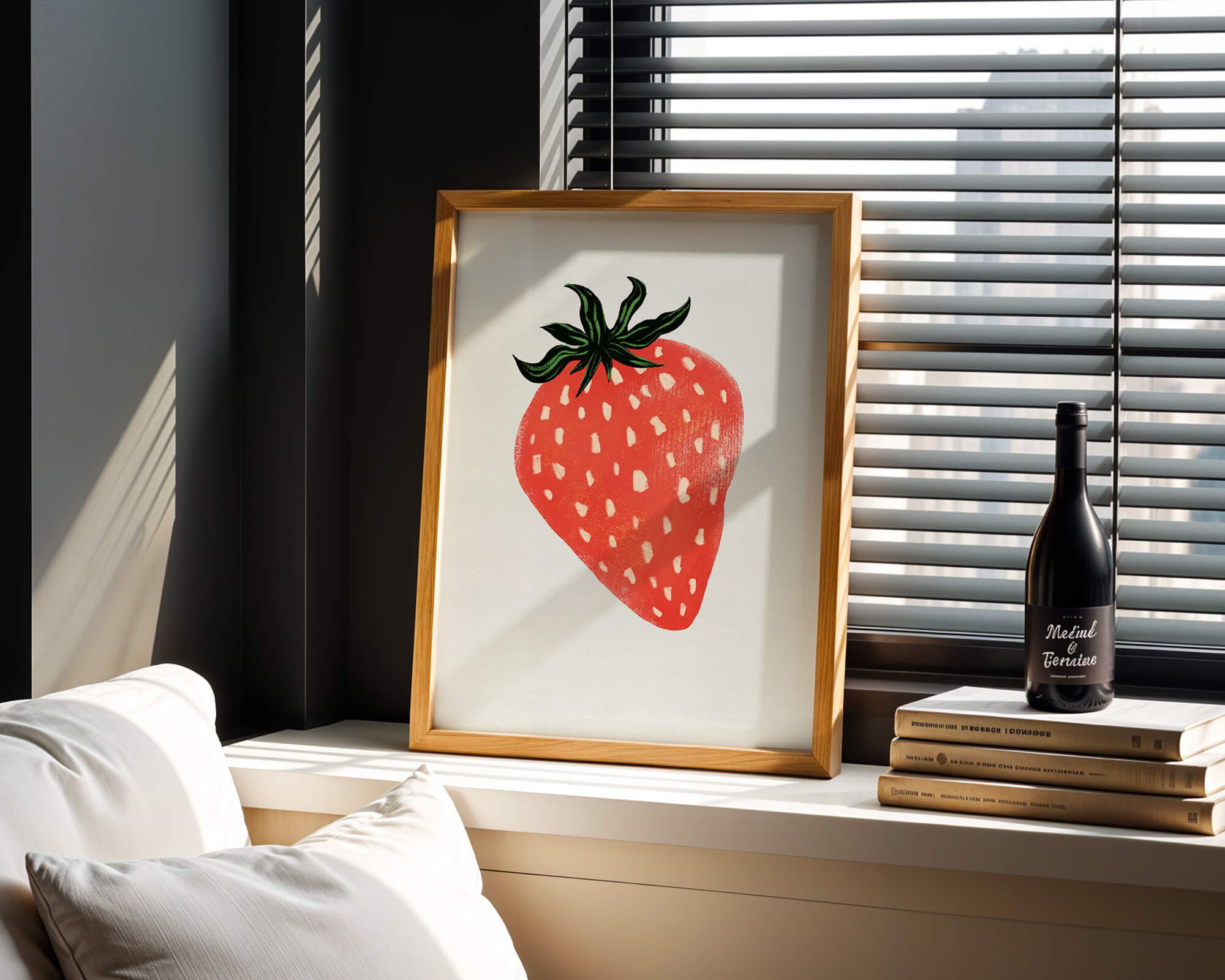 Illustrative design of a vibrant red strawberry with green leaves