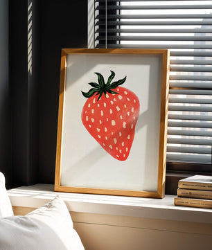 Illustrative design of a vibrant red strawberry with green leaves