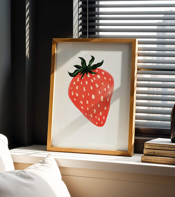 Illustrative design of a vibrant red strawberry with green leaves