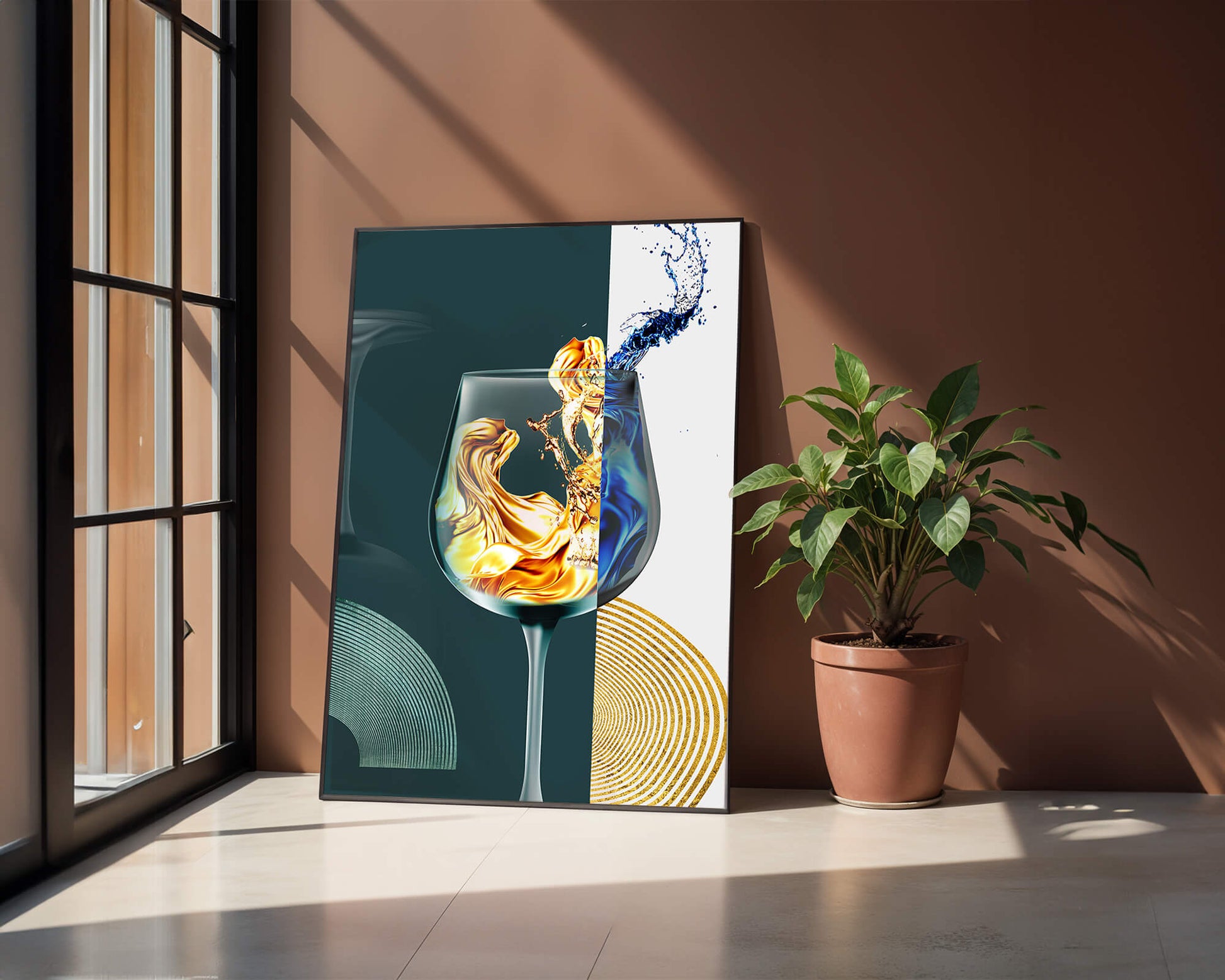 Fusión elegante de líquidos en una copa de vino con elementos dorados y azules