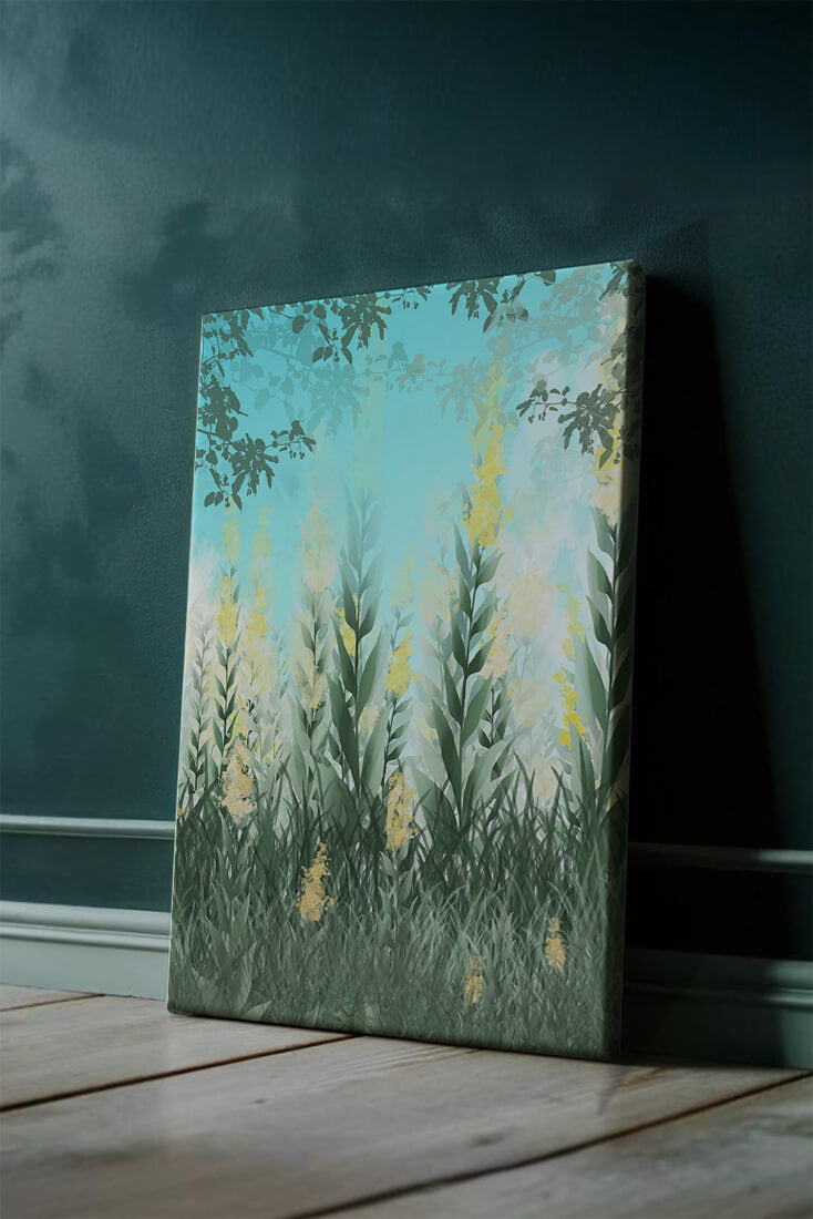 Jardín sereno con hojas verdes altas y flores amarillas bajo el cielo azul