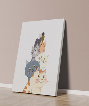 Stack of adorable cartoon cats with diverse patterns and colors