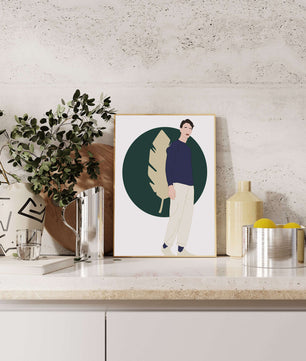 Illustration of a man standing with abstract leaf background