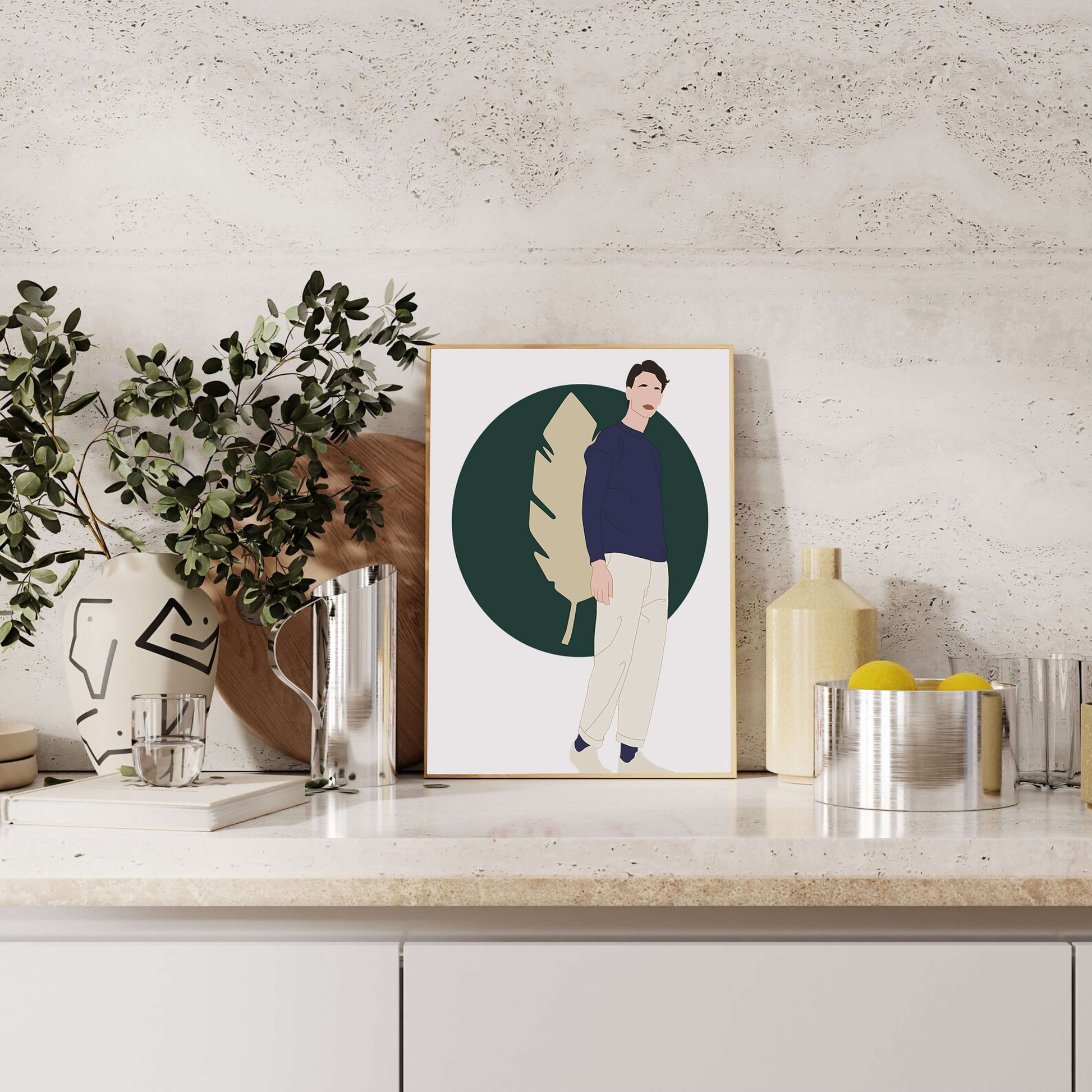 Illustration of a man standing with abstract leaf background