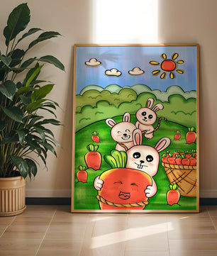 Illustration de lapins espiègles avec des carottes dans un champ ensoleillé