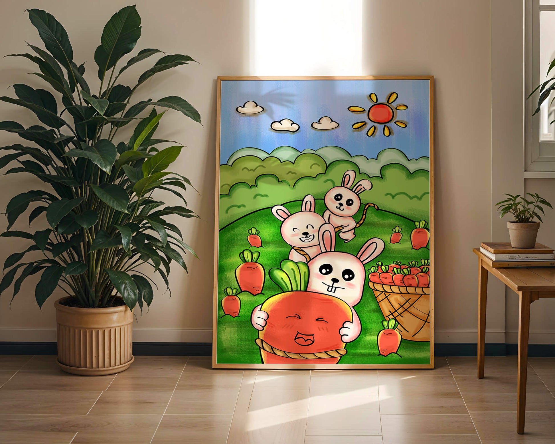 Illustration de lapins espiègles avec des carottes dans un champ ensoleillé