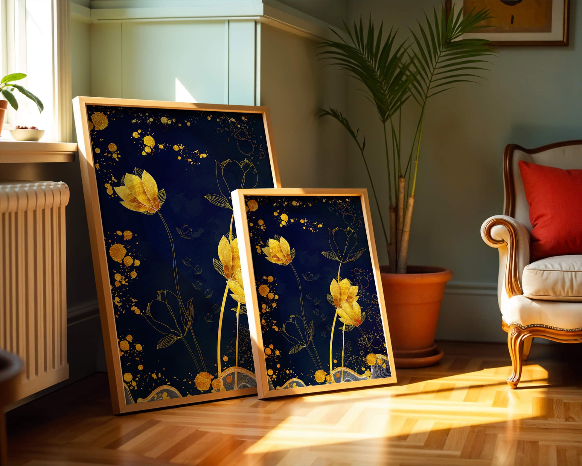 Diseño floral elegante con flores doradas sobre fondo azul marino