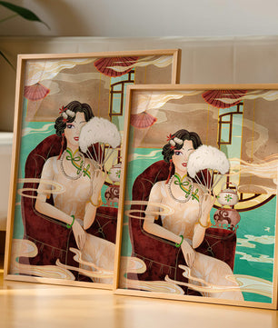 Œuvre d'art élégante d'inspiration asiatique vintage représentant une femme avec un éventail