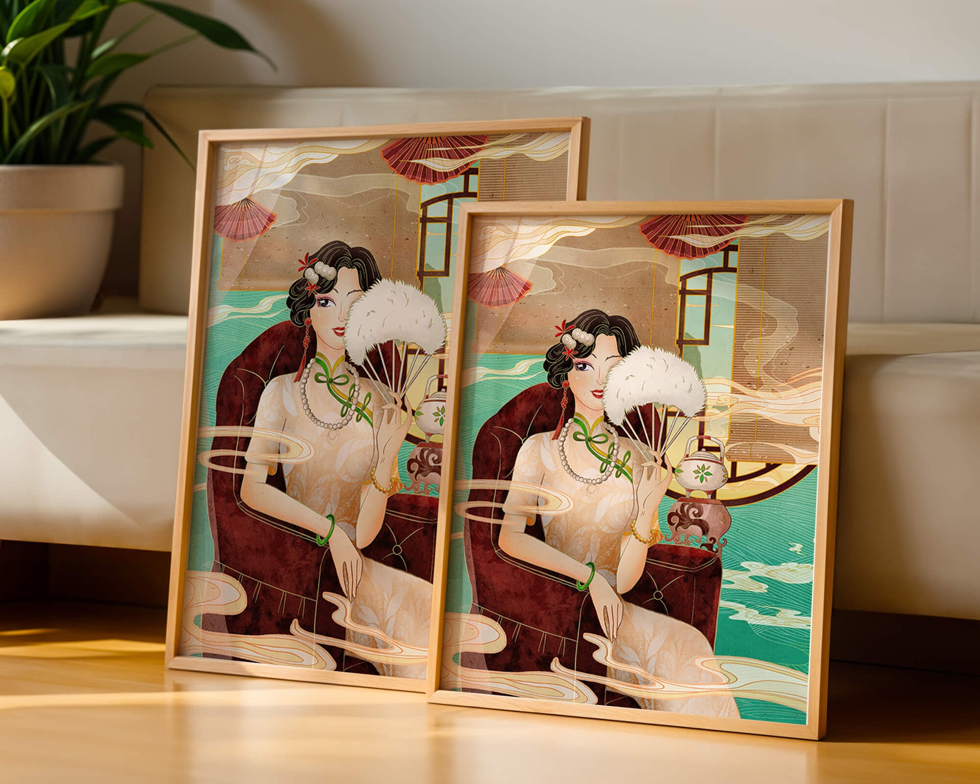 Elegant vintage Asian-inspired artwork featuring a woman with a fan
