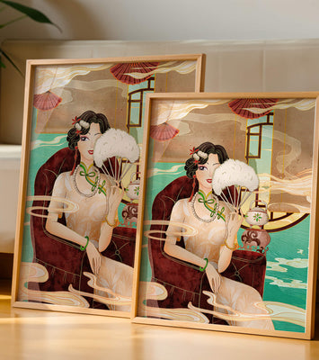 Elegant vintage Asian-inspired artwork featuring a woman with a fan