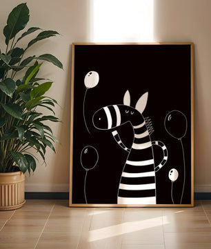 Cebra juguetona con globos en arte minimalista en blanco y negro