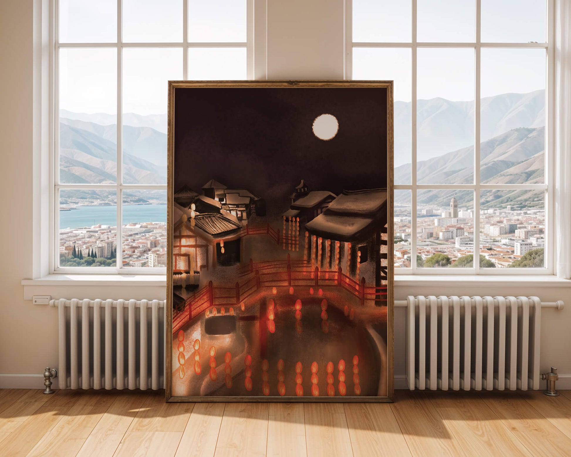 Traditional Japanese village at night with lanterns and full moon