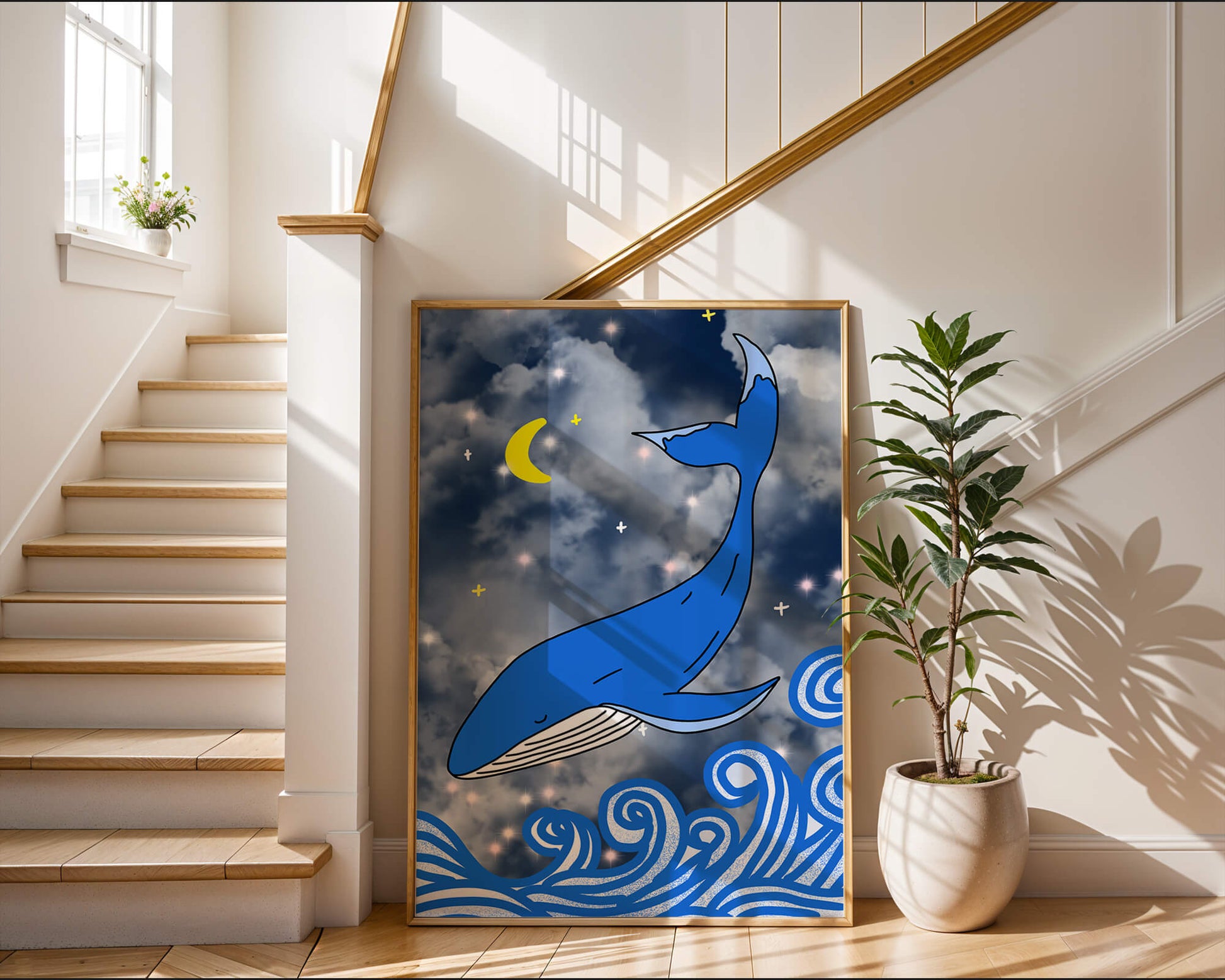 Whimsical blue whale in a starry night ocean scene