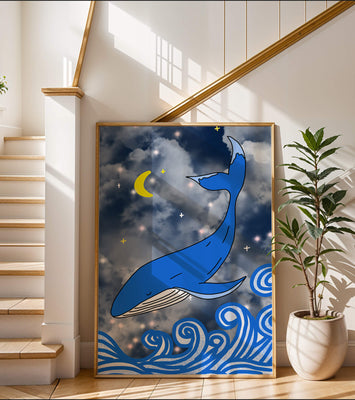 Whimsical blue whale in a starry night ocean scene