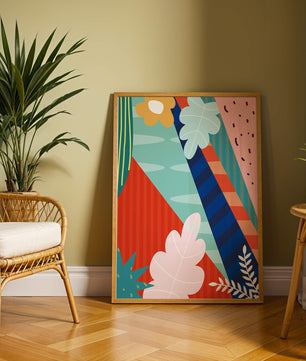 Abstract floral geometric design with vibrant colors and bold patterns