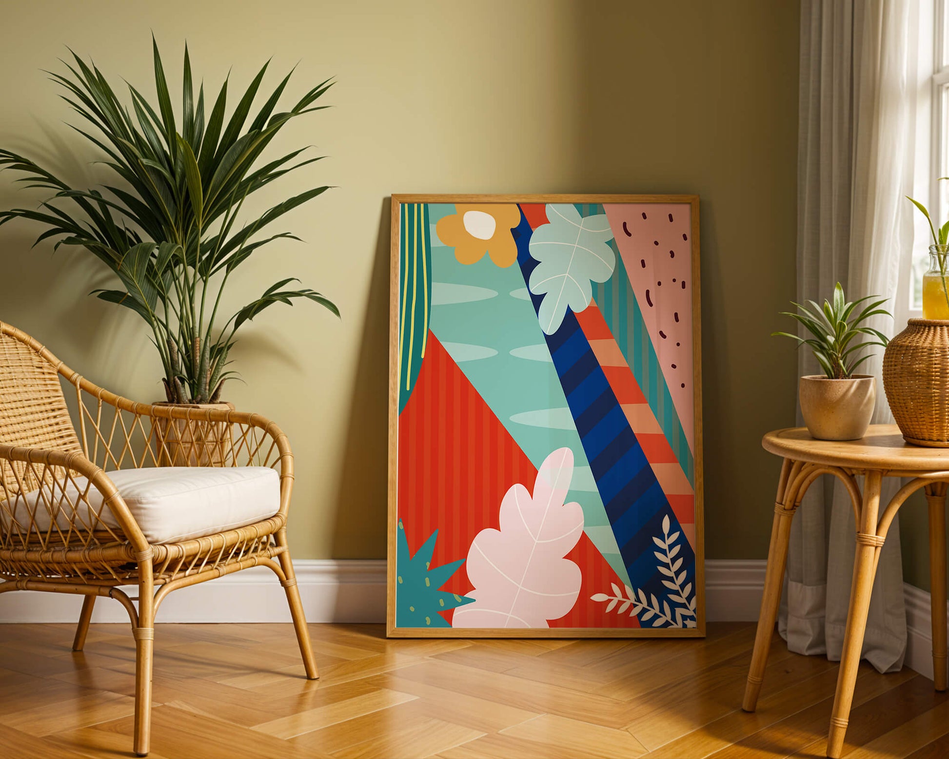 Abstract floral geometric design with vibrant colors and bold patterns