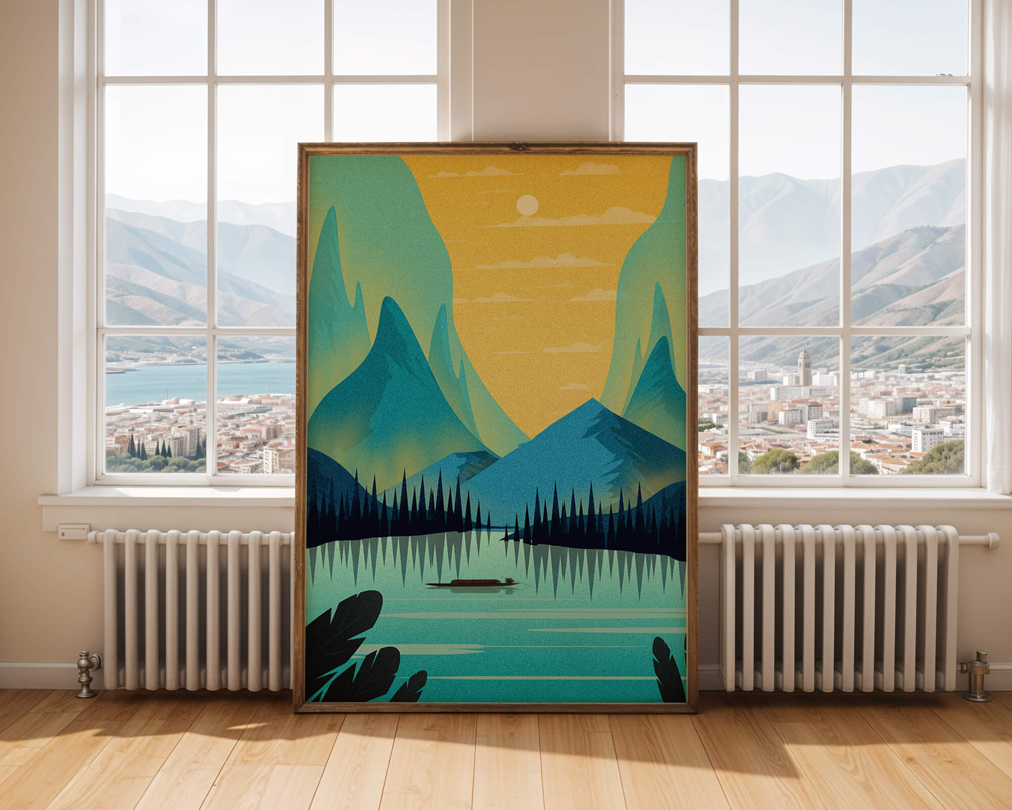 Serene lake landscape with mountains and sunset