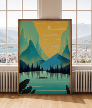 Serene lake landscape with mountains and sunset