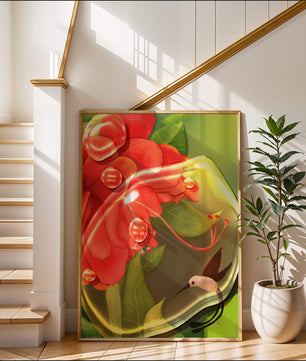 Vibrant floral illustration with hummingbird and lush greenery