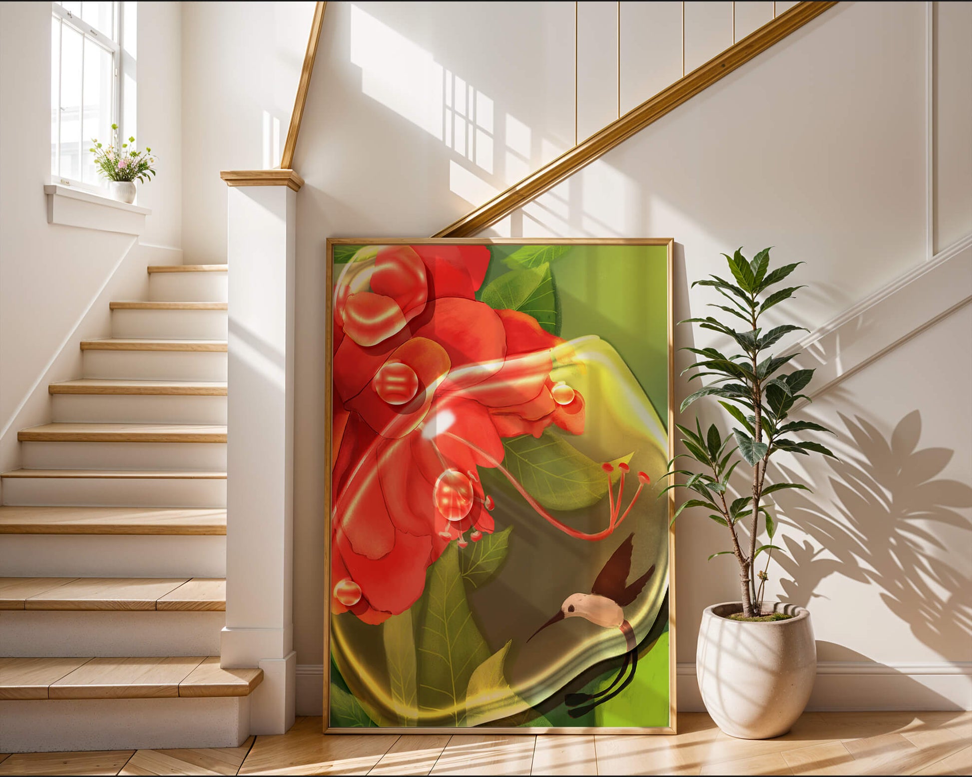 Vibrant floral illustration with hummingbird and lush greenery
