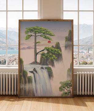 Serene landscape with flowing waterfall and sunrise