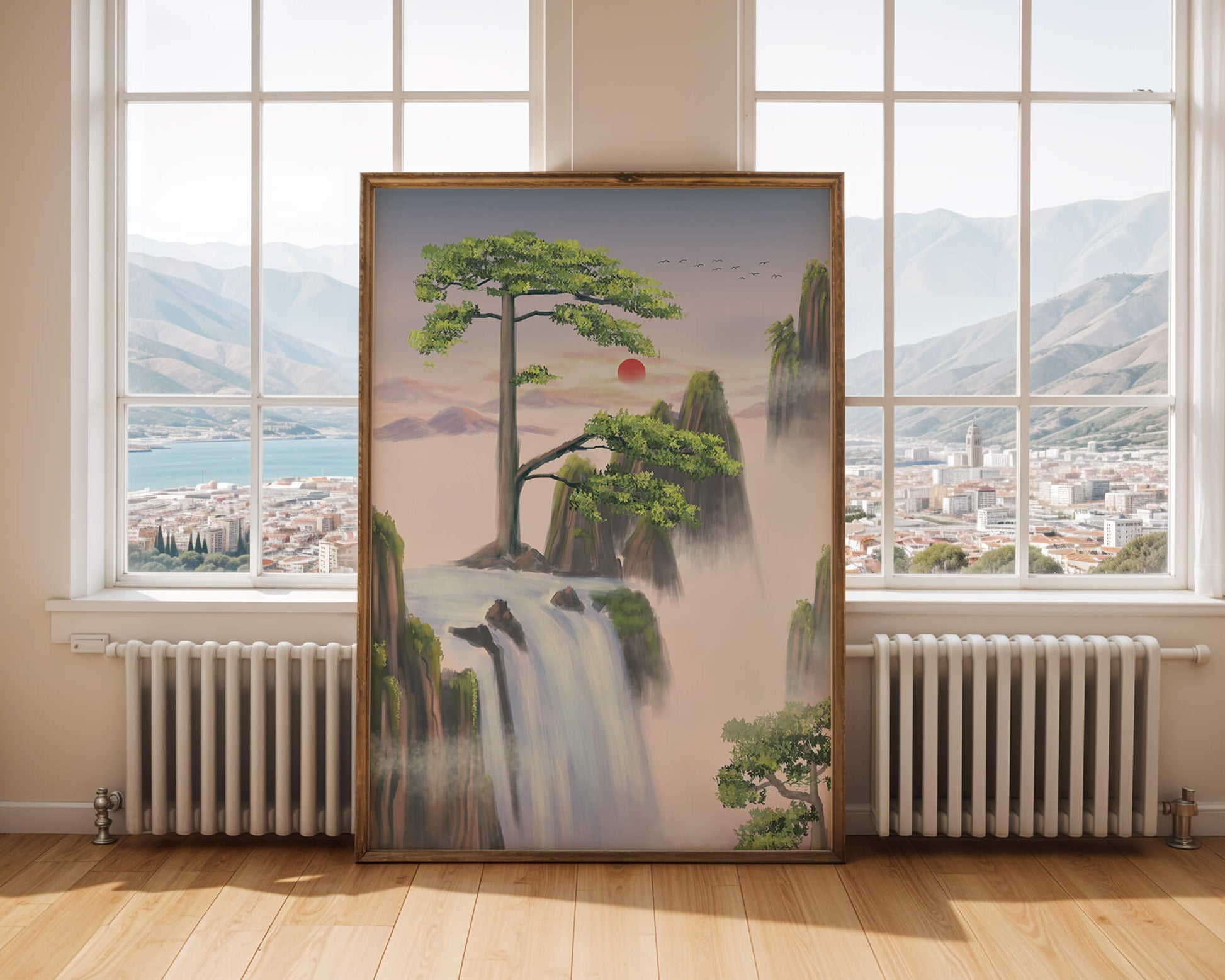 Serene landscape with flowing waterfall and sunrise