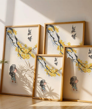 Charming illustration of a child gazing at birds and yellow blossoms