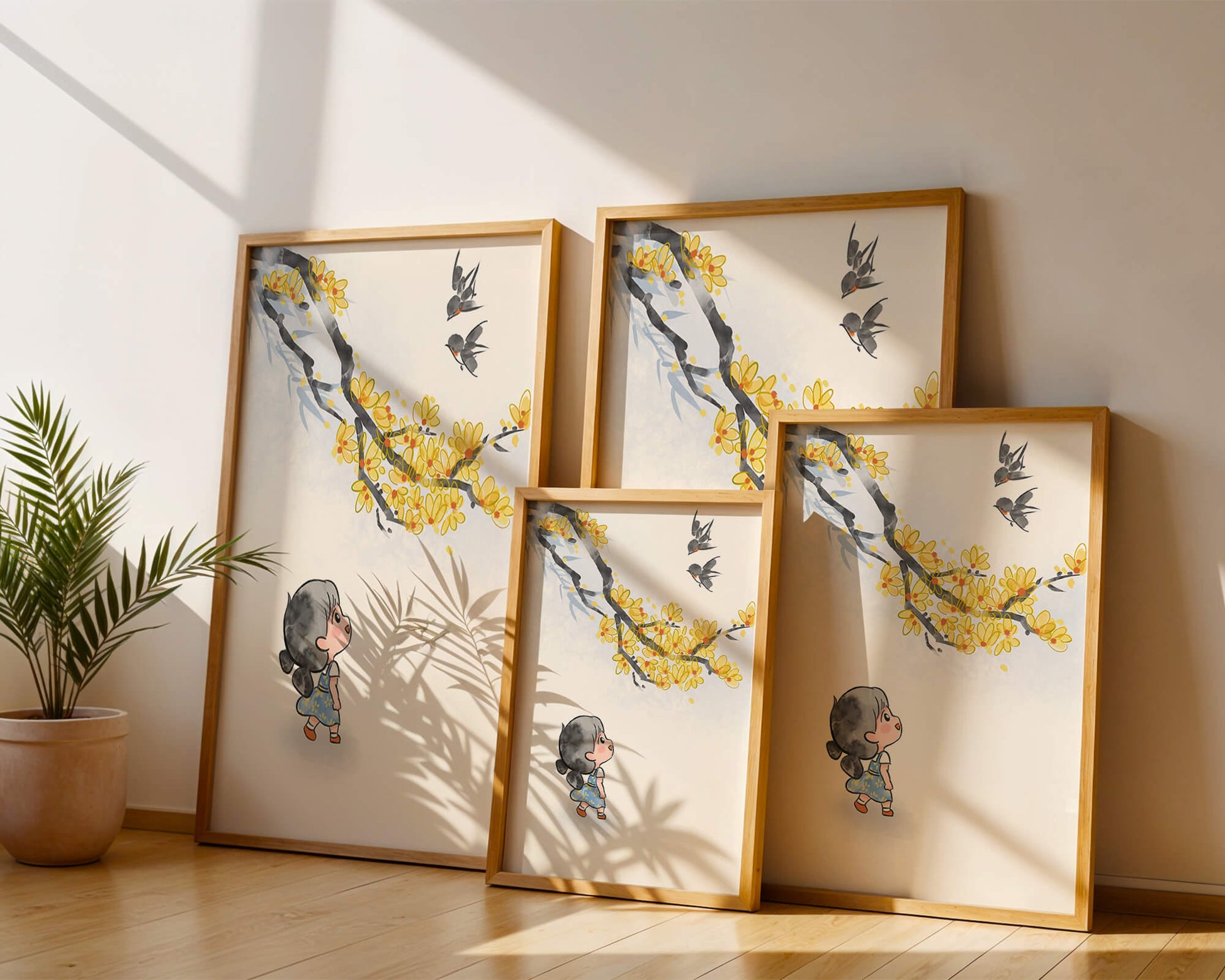 Charming illustration of a child gazing at birds and yellow blossoms