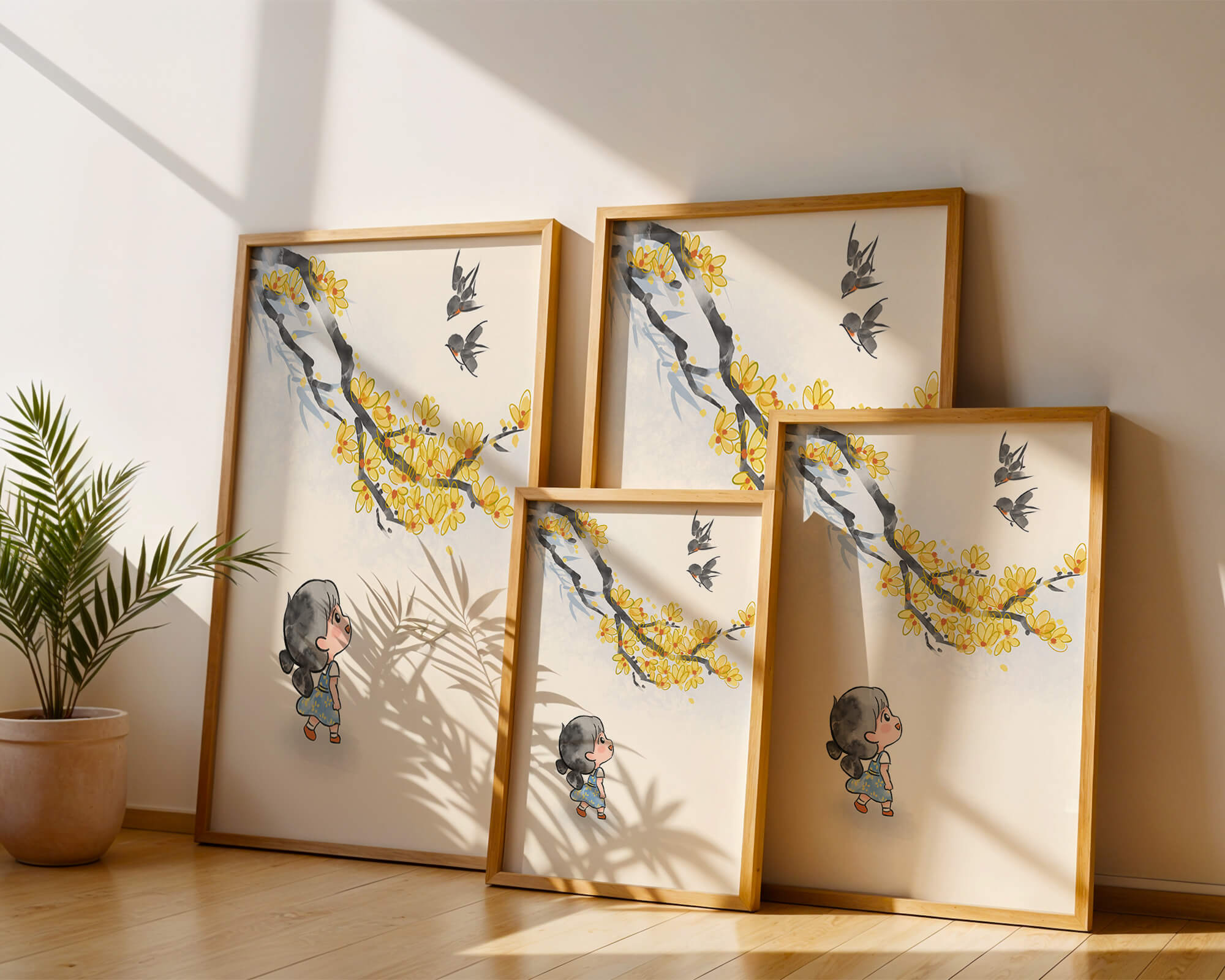 Charming illustration of a child gazing at birds and yellow blossoms