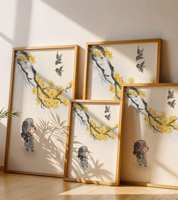 Charming illustration of a child gazing at birds and yellow blossoms