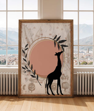 Von der Natur inspiriertes Kunstwerk mit Giraffensilhouette und botanischen Elementen