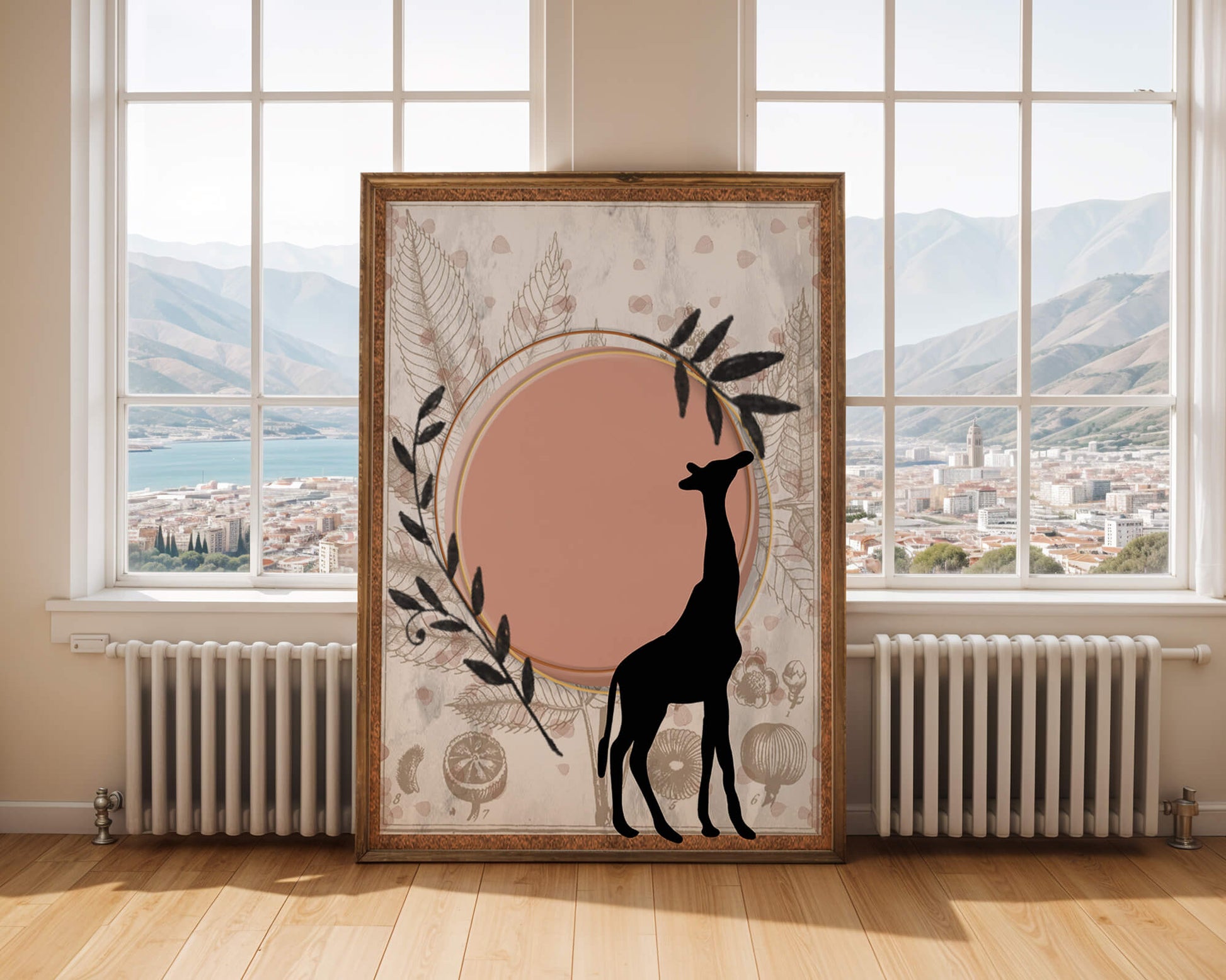 Nature-inspired artwork with giraffe silhouette and botanical elements