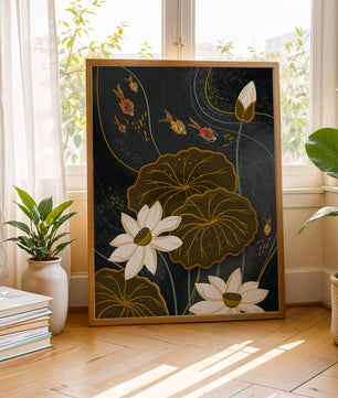 Bassin à carpes koï serein avec des accents de lotus blanc et de poissons dorés