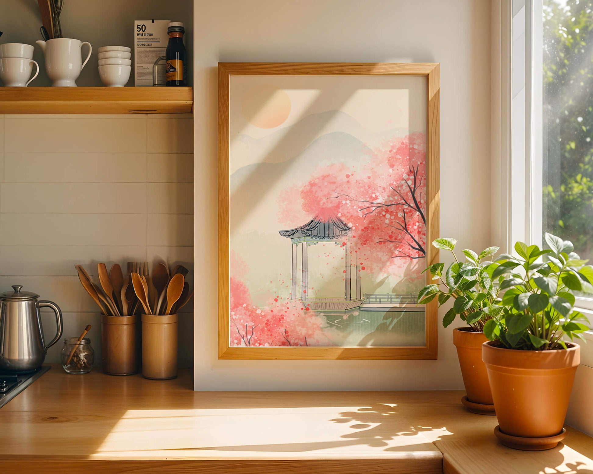 Serene landscape with cherry blossoms and traditional gazebo