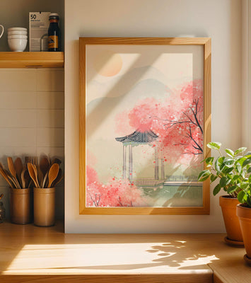 Serene landscape with cherry blossoms and traditional gazebo