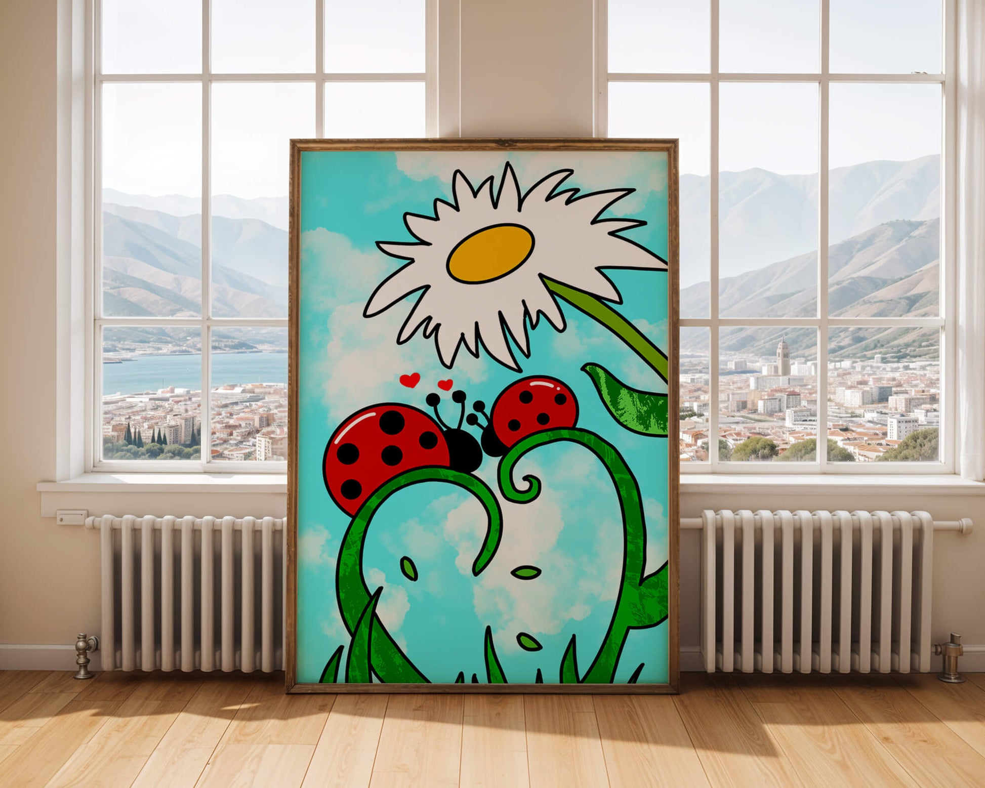 Ladybugs in love beneath a daisy on a bright sky