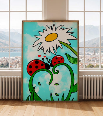 Ladybugs in love beneath a daisy on a bright sky