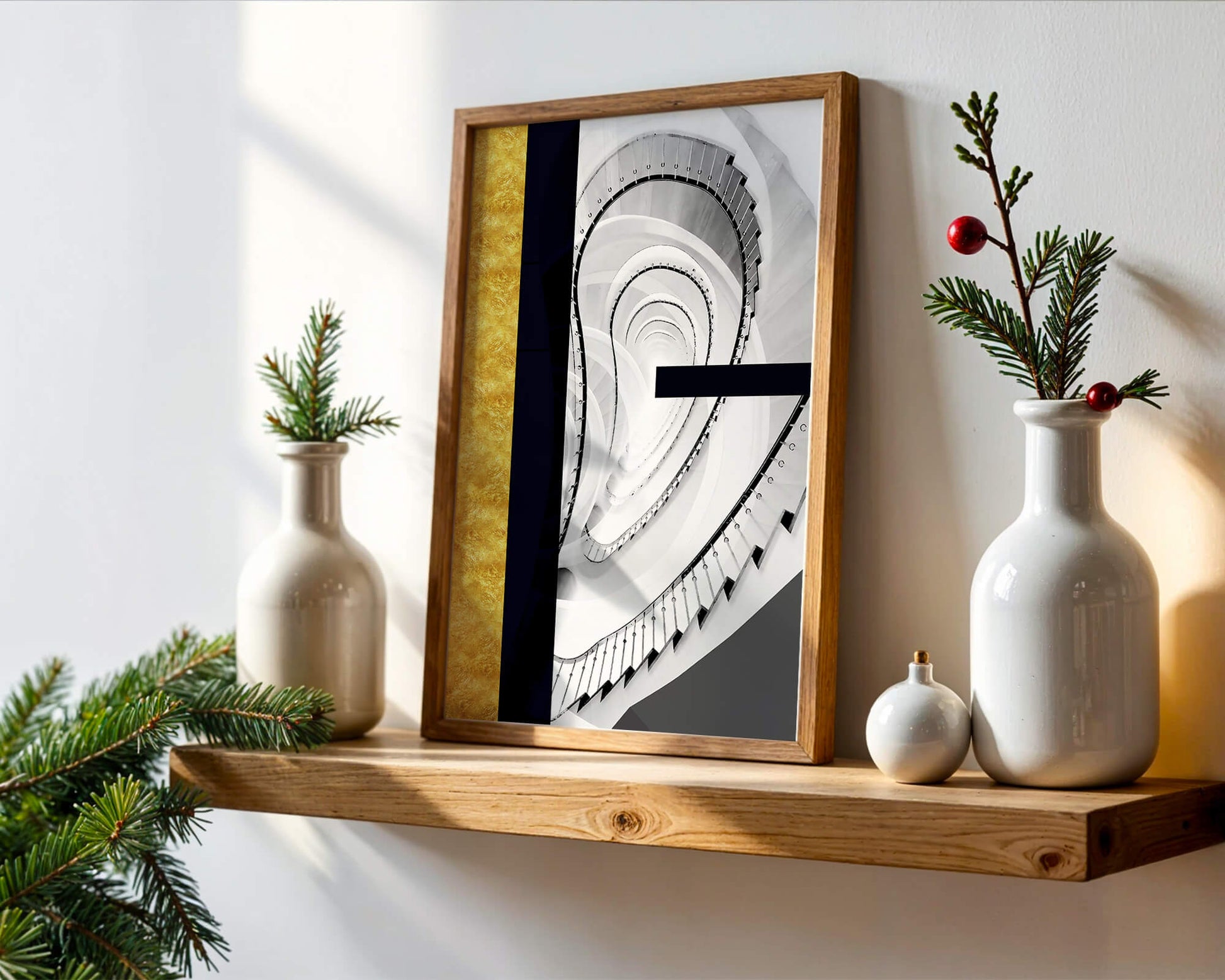 Abstract spiral staircase with a gold accent design