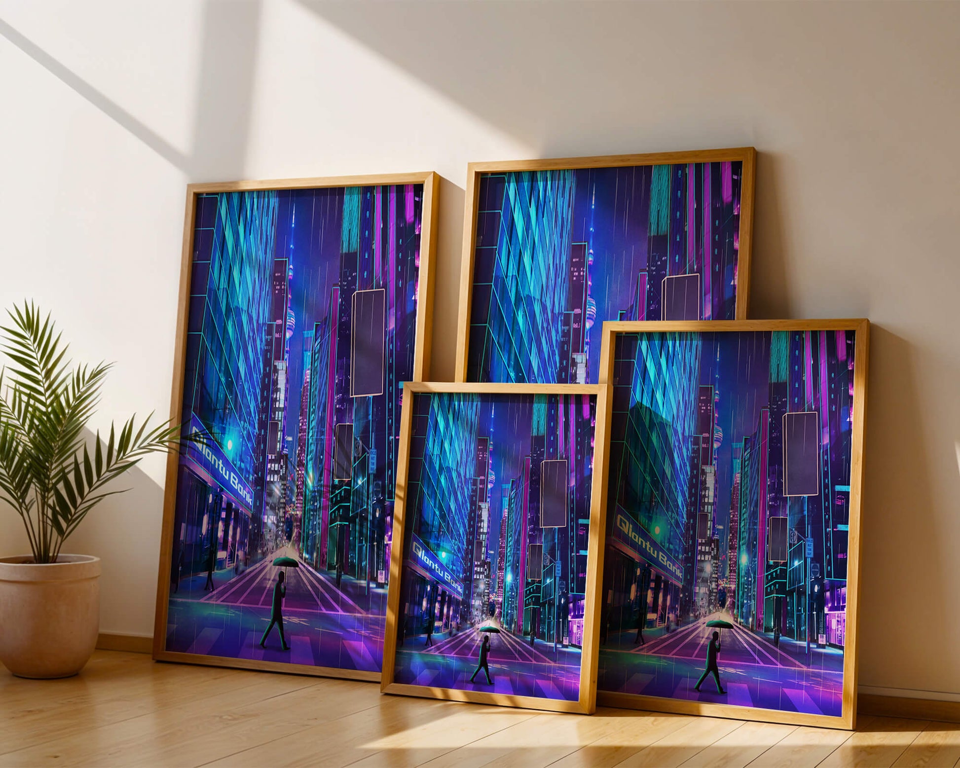 Futuristic urban street scene with neon lights and rainy atmosphere