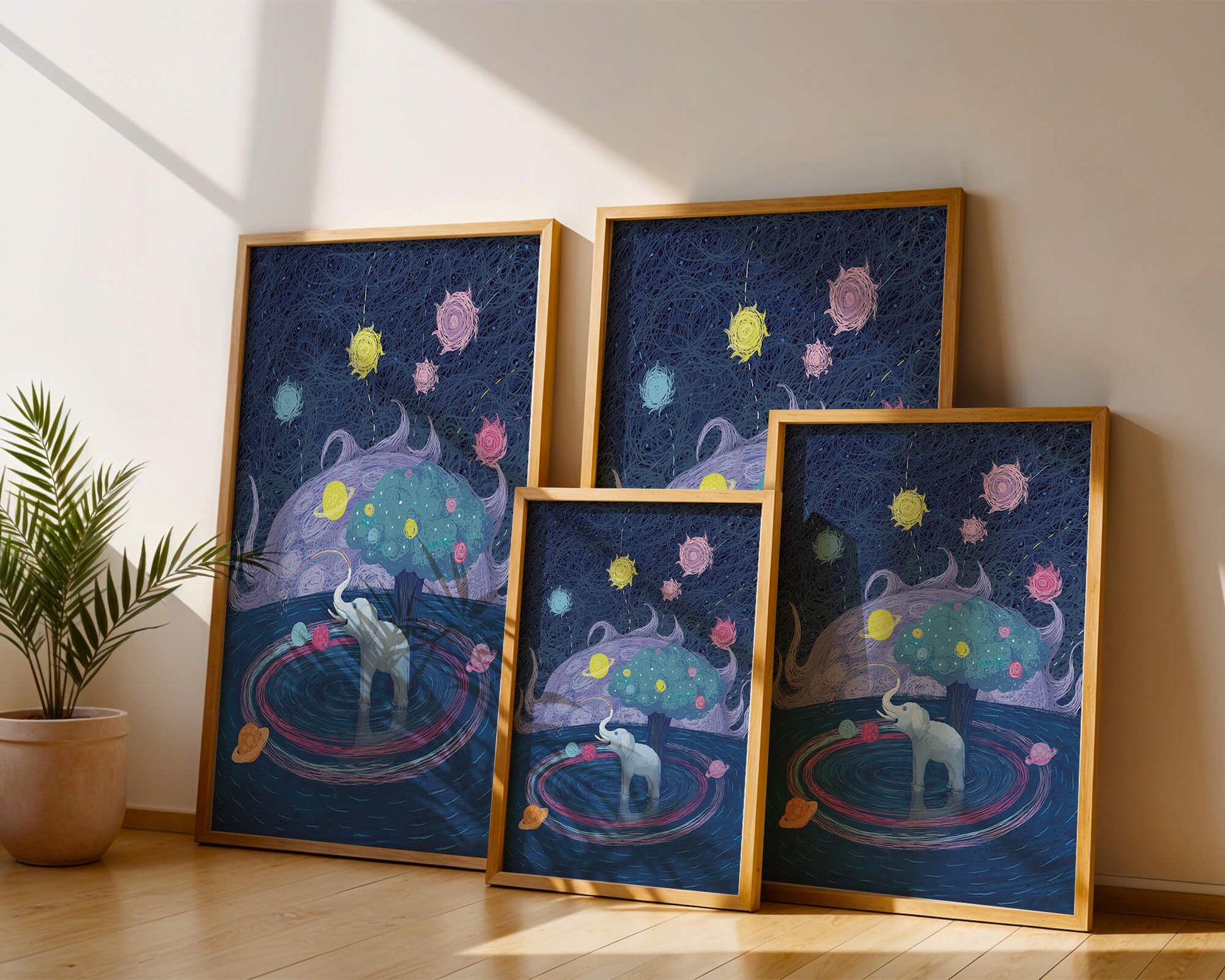 Éléphant fantastique avec arbre et fond cosmique
