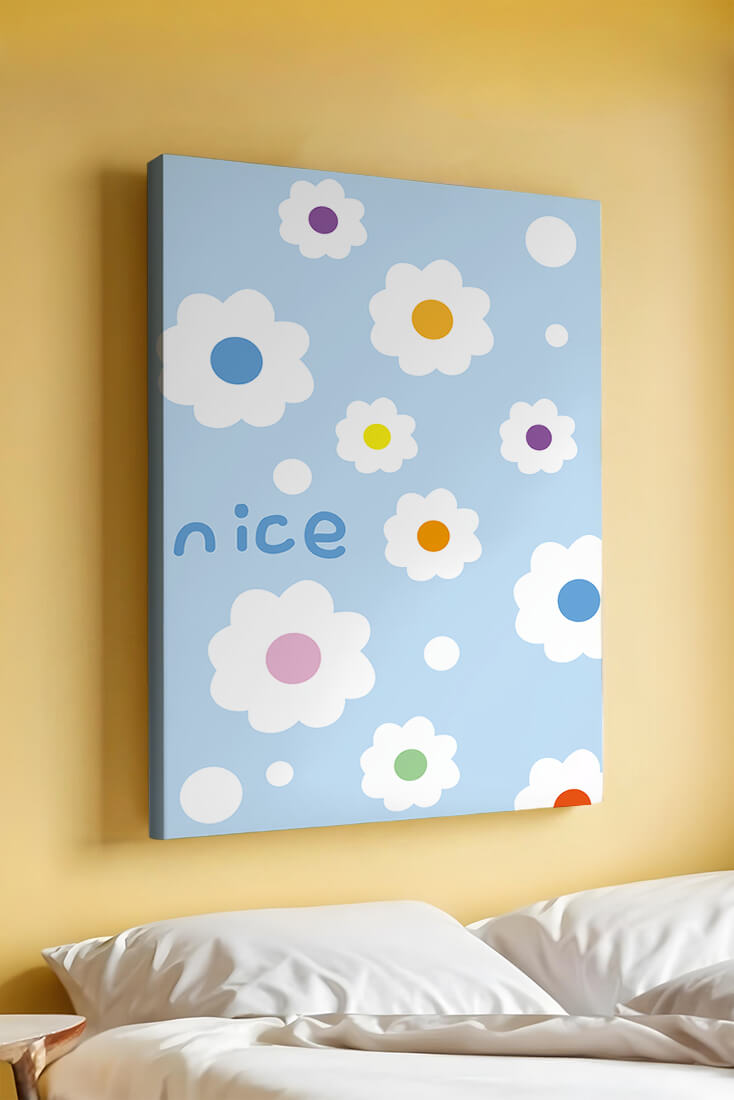 Pastel floral pattern with colorful centers on a blue background