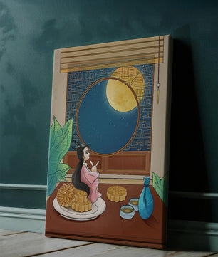 Tranquila escena nocturna con pasteles de luna y una figura mítica