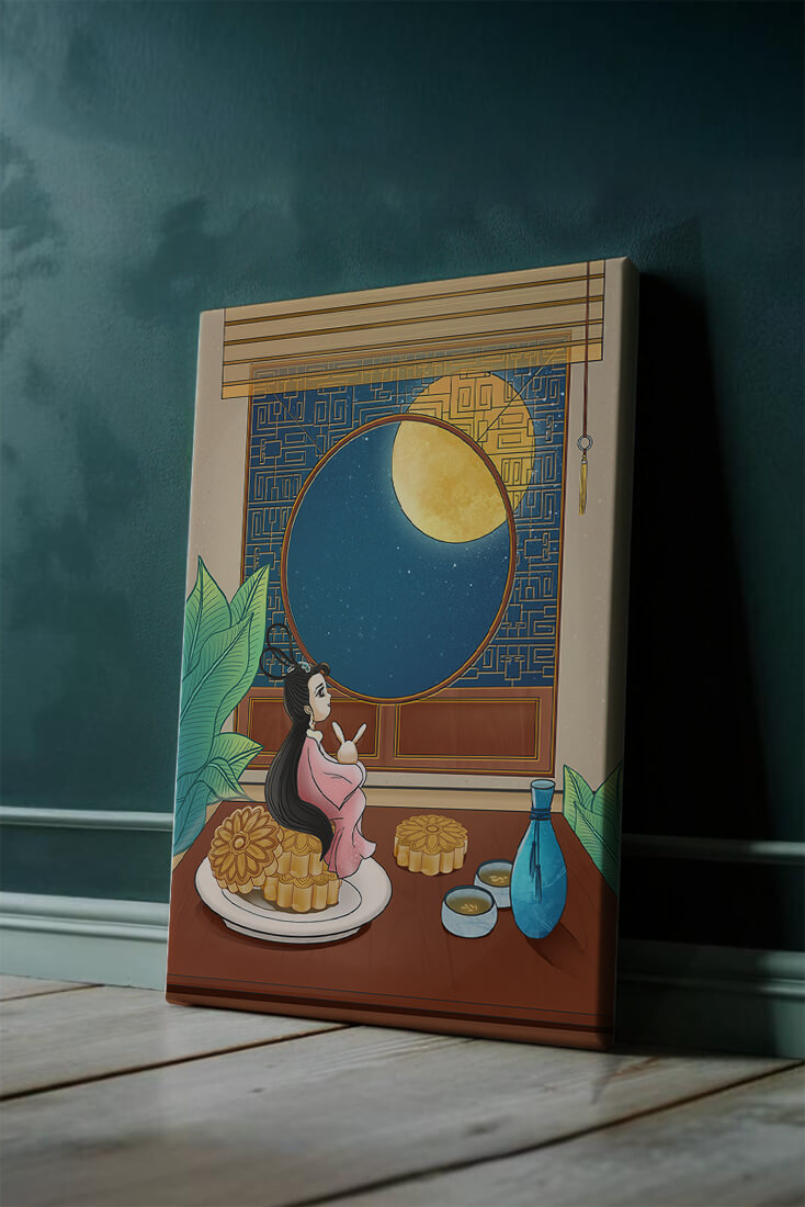 Tranquila escena nocturna con pasteles de luna y una figura mítica