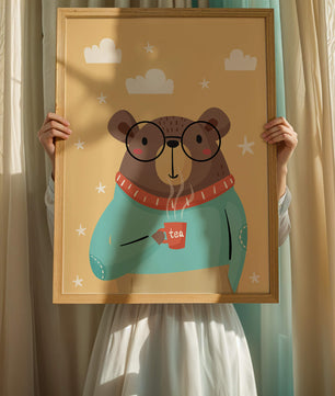 Illustration of a bear with glasses holding a tea cup against a starry background