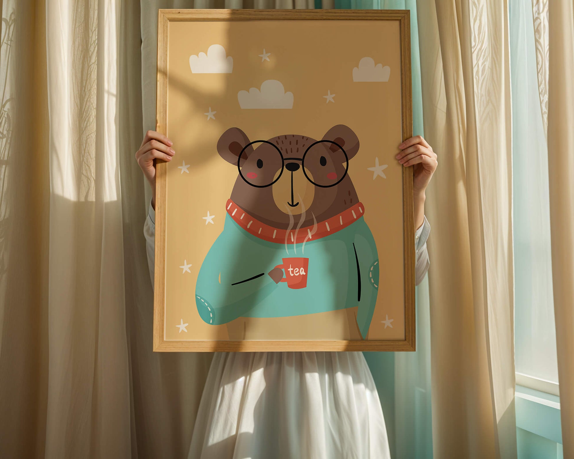 Illustration of a bear with glasses holding a tea cup against a starry background